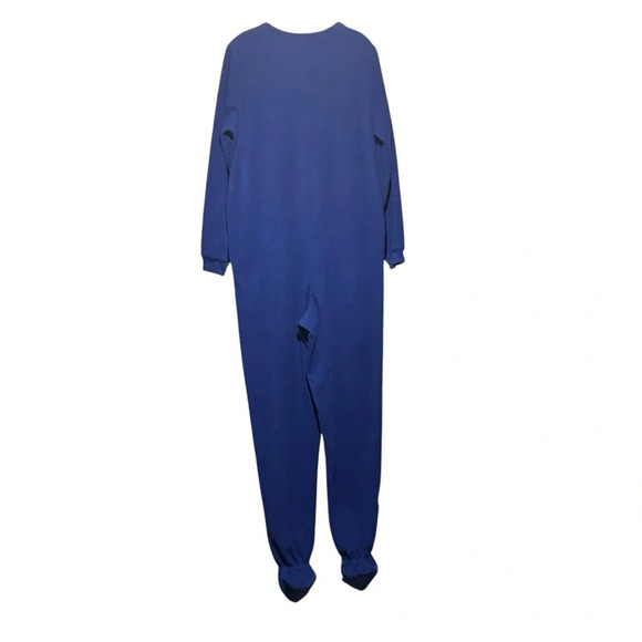 Nick & Nora Sock Monkey Footed Pjs Pajamas M Sleepwear Royal Blue Fleece Pocket - Picture 2 of 12